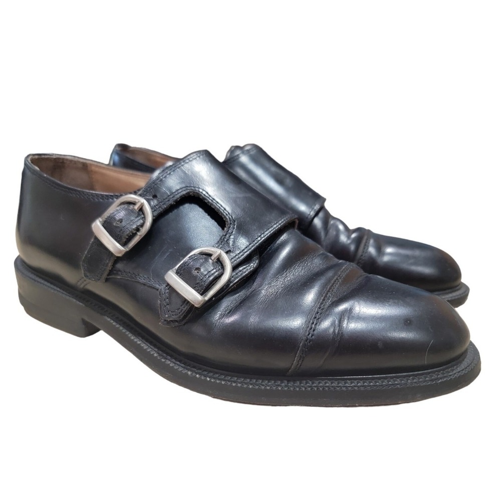 Mens Black Leather Double Monk Strap‎ Cap Toe Dress Shoes Silver Buckle Size 9.5